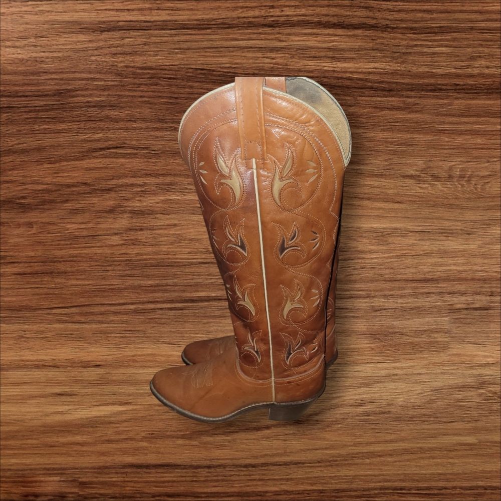 ACME Tan Leather Embroidered Knee-High Western Heeled Boots - Picture 3 of 6